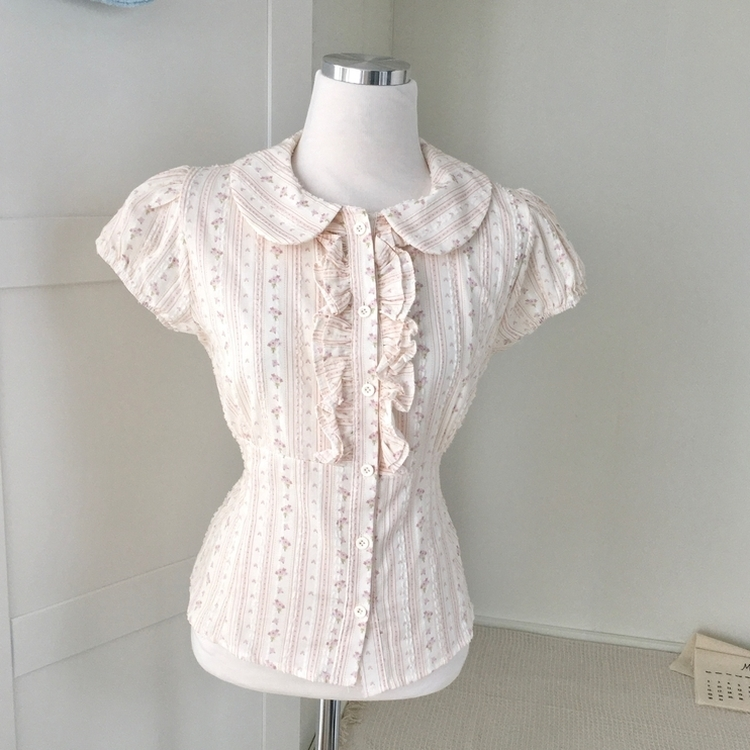 丸襟フリルバックリボン半袖ブラウス