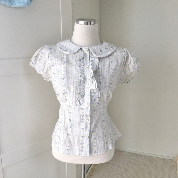 丸襟フリルバックリボン半袖ブラウス