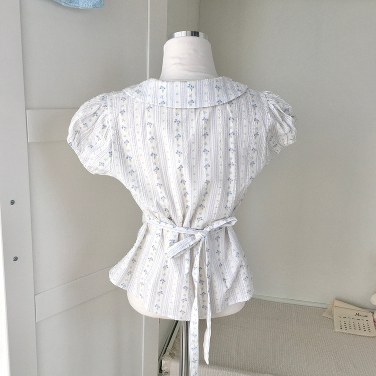 丸襟フリルバックリボン半袖ブラウス