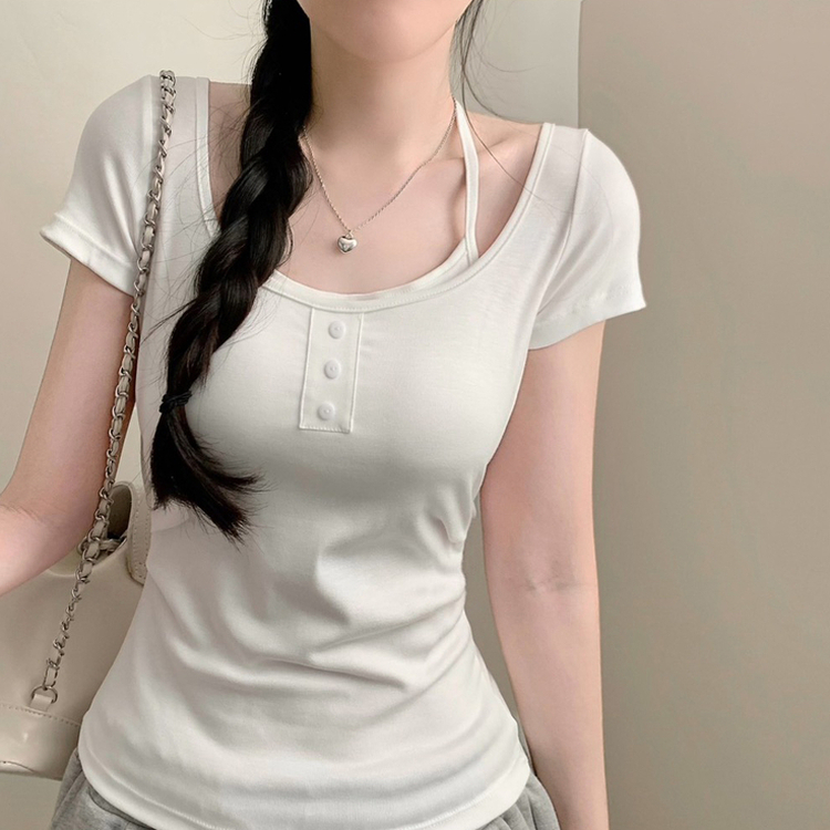 존예말라핏 미미 레이어드 홀터넥 일체형 가슴캡 캡나시 반팔티 반소매 티셔츠 여름 상의 여름옷 캡내장 아이보리