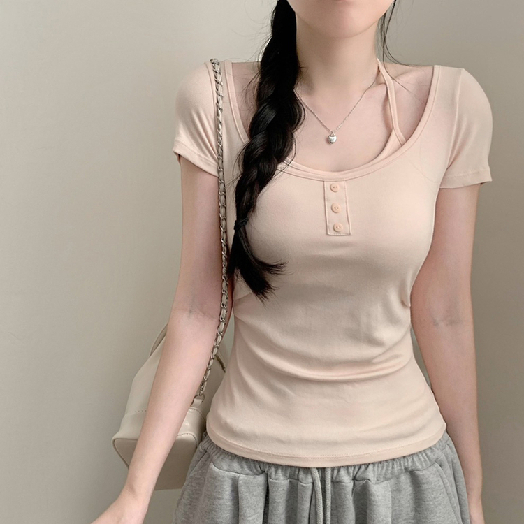존예말라핏 미미 레이어드 홀터넥 일체형 가슴캡 캡나시 반팔티 반소매 티셔츠 여름 상의 여름옷 캡내장 핑크