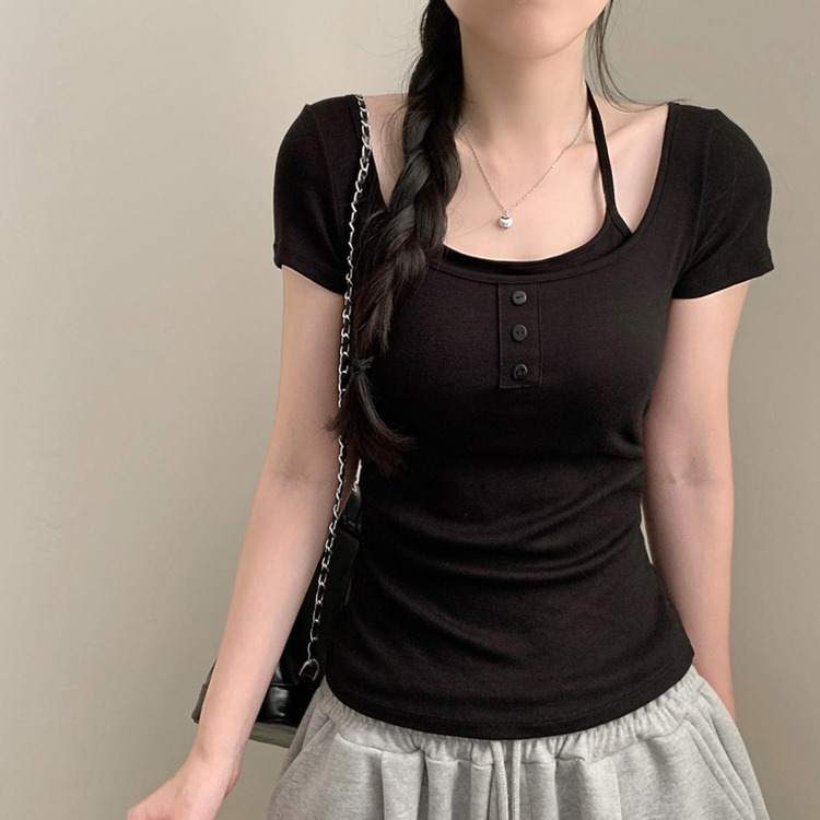존예말라핏 미미 레이어드 홀터넥 일체형 가슴캡 캡나시 반팔티 반소매 티셔츠 여름 상의 여름옷 캡내장 블랙