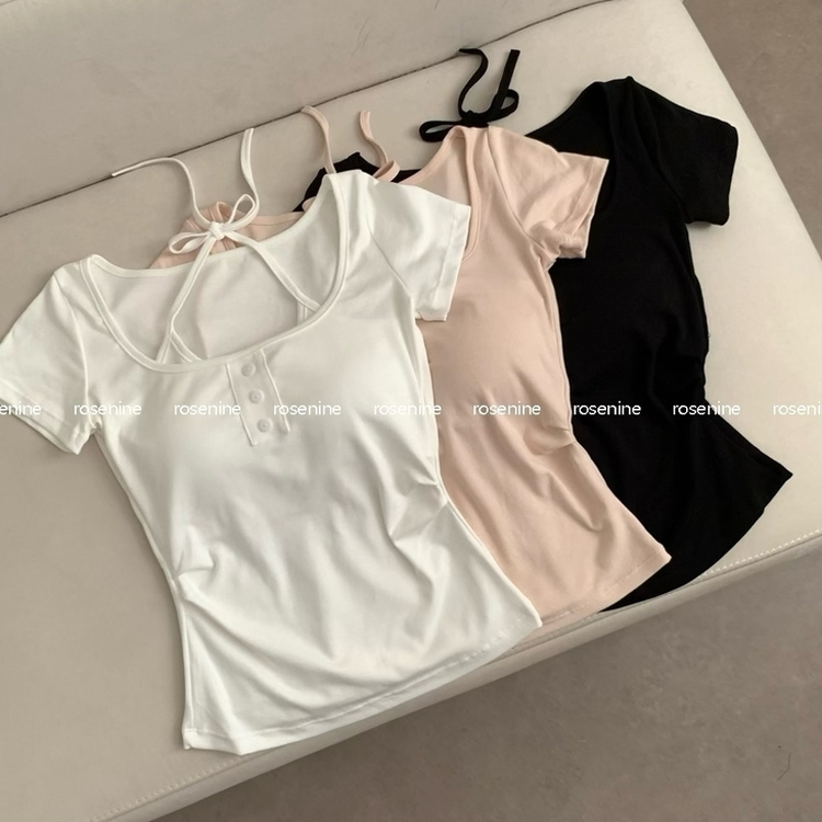 존예말라핏 미미 레이어드 홀터넥 일체형 가슴캡 캡나시 반팔티 반소매 티셔츠 여름 상의 여름옷 캡내장