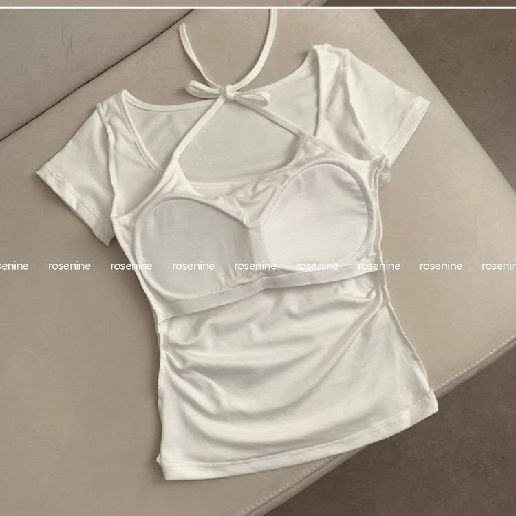 존예말라핏 미미 레이어드 홀터넥 일체형 가슴캡 캡나시 반팔티 반소매 티셔츠 여름 상의 여름옷 캡내장
