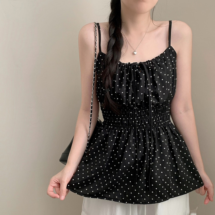 도트 나시 플레어 민소매 나시 블라우스 여름 상의 휴가 바다 여름옷 블랙