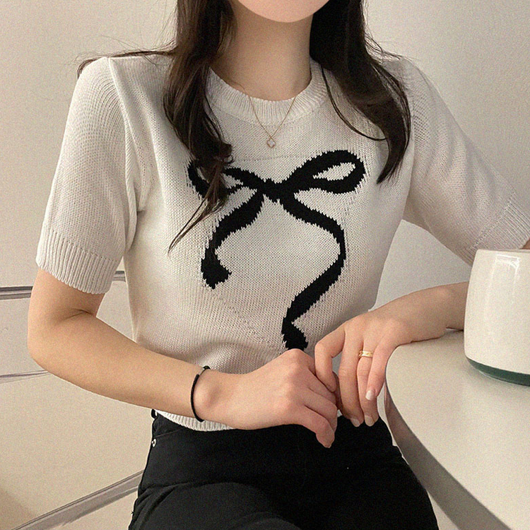 リボンクロップ半袖ニット IVORY