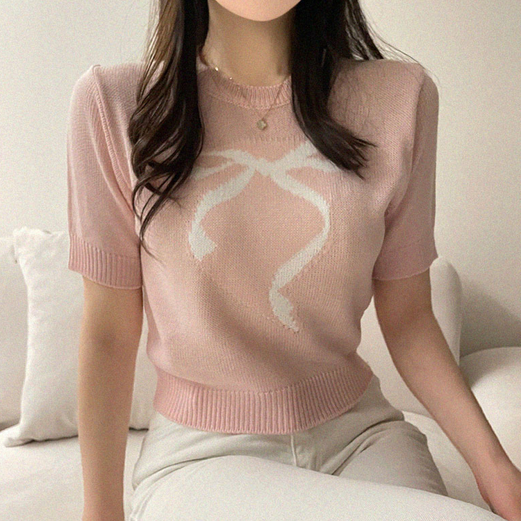 リボンクロップ半袖ニット PINK
