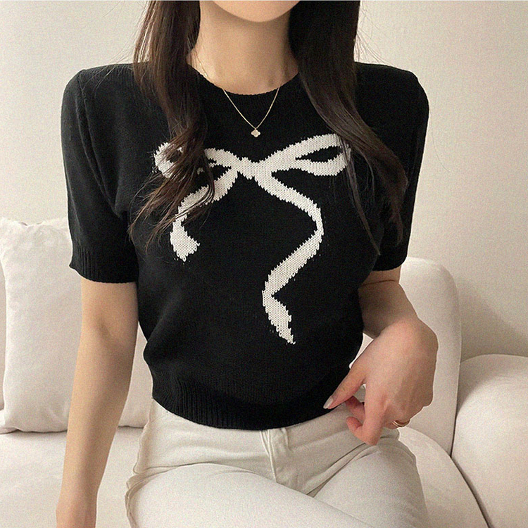 リボンクロップ半袖ニット BLACK