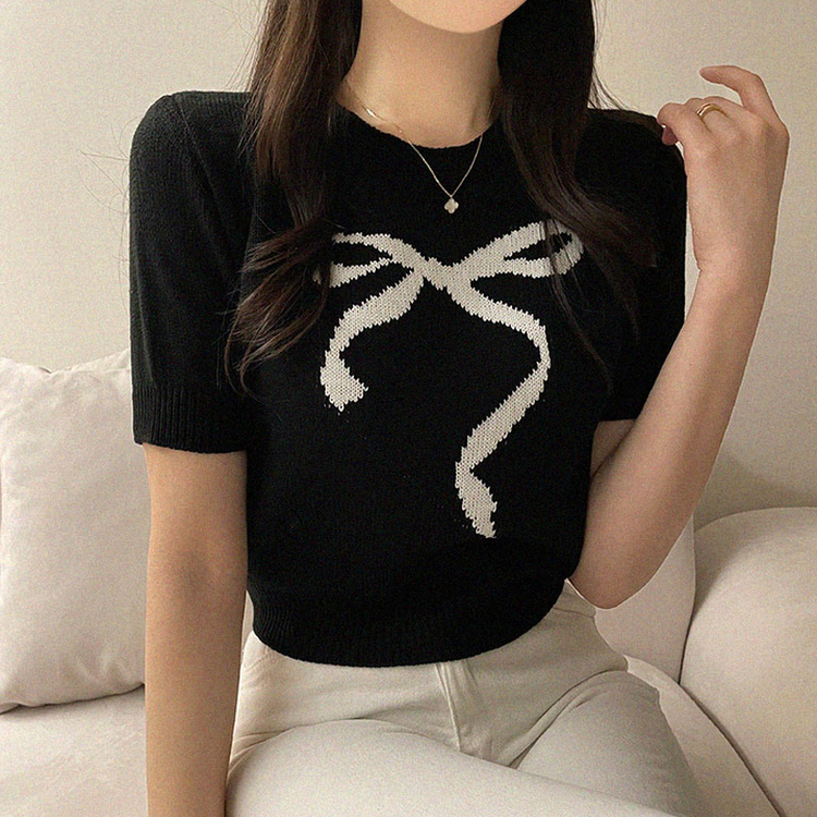 リボンクロップ半袖ニット BLACK