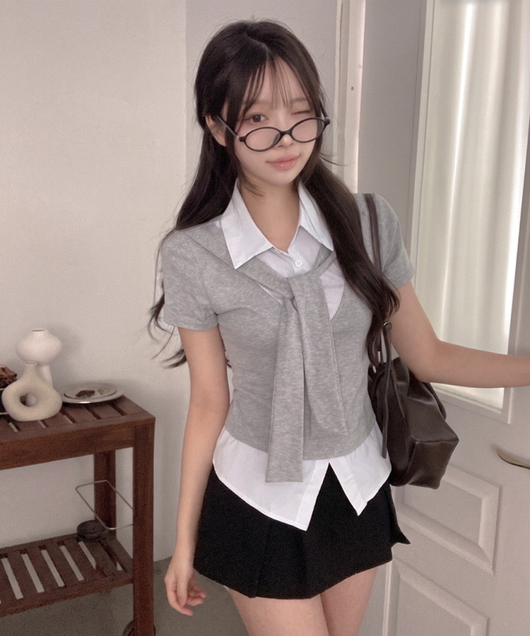 [일체형SET!] 세라 타이 일체형 스트라이프 셔츠 레이어드 세트 옆셔링 반팔 티셔츠 그레이