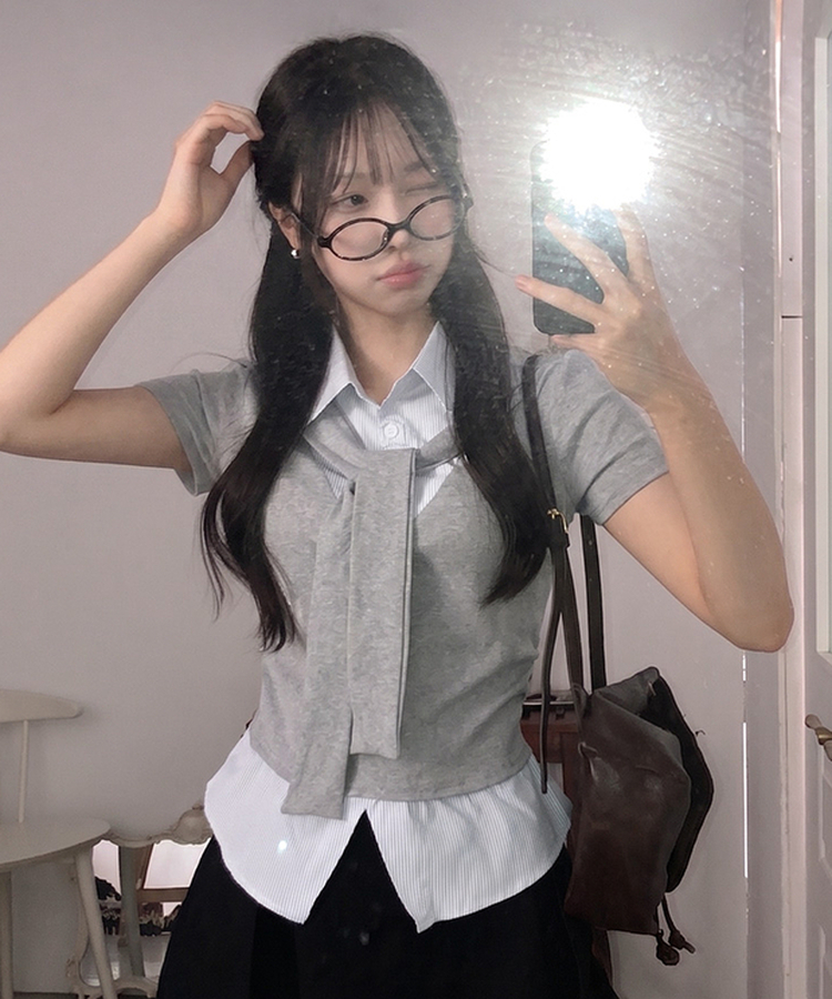[일체형SET!] 세라 타이 일체형 스트라이프 셔츠 레이어드 세트 옆셔링 반팔 티셔츠 그레이