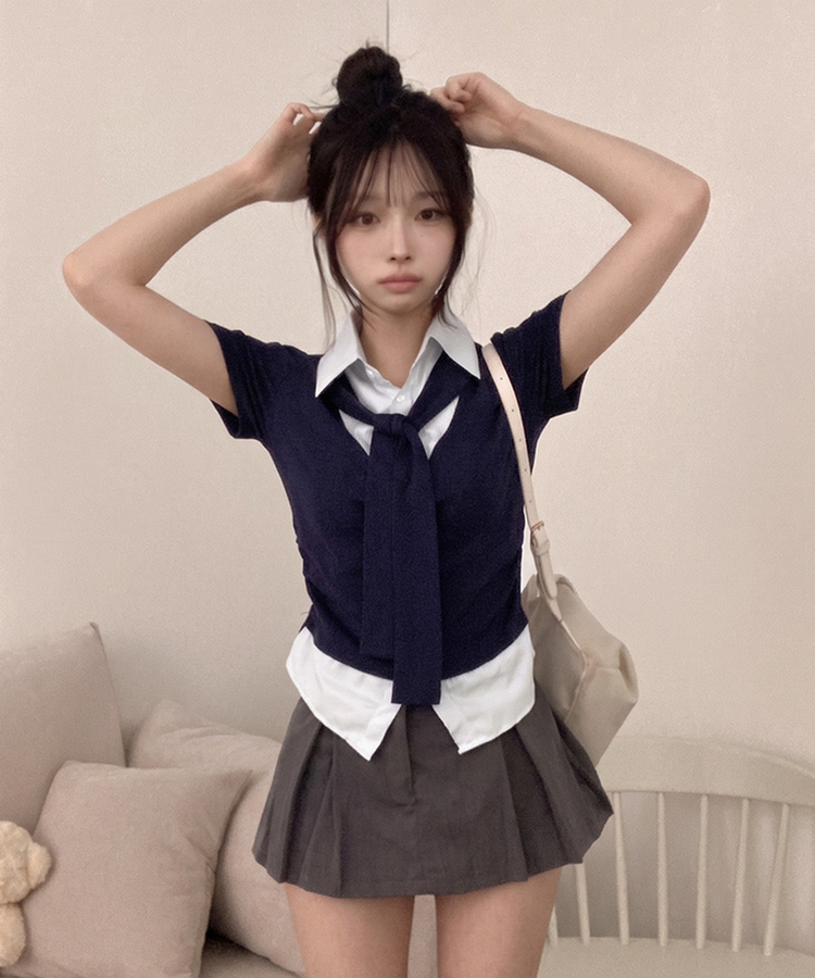 [일체형SET!] 세라 타이 일체형 스트라이프 셔츠 레이어드 세트 옆셔링 반팔 티셔츠 네이비
