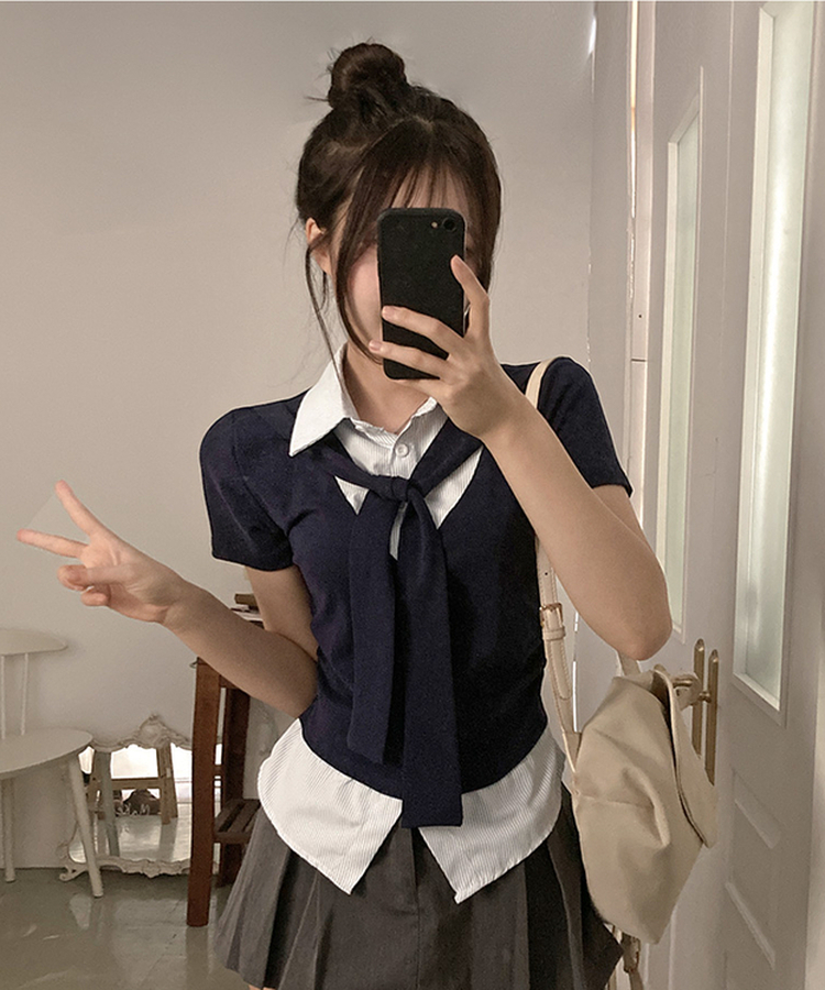[일체형SET!] 세라 타이 일체형 스트라이프 셔츠 레이어드 세트 옆셔링 반팔 티셔츠 네이비