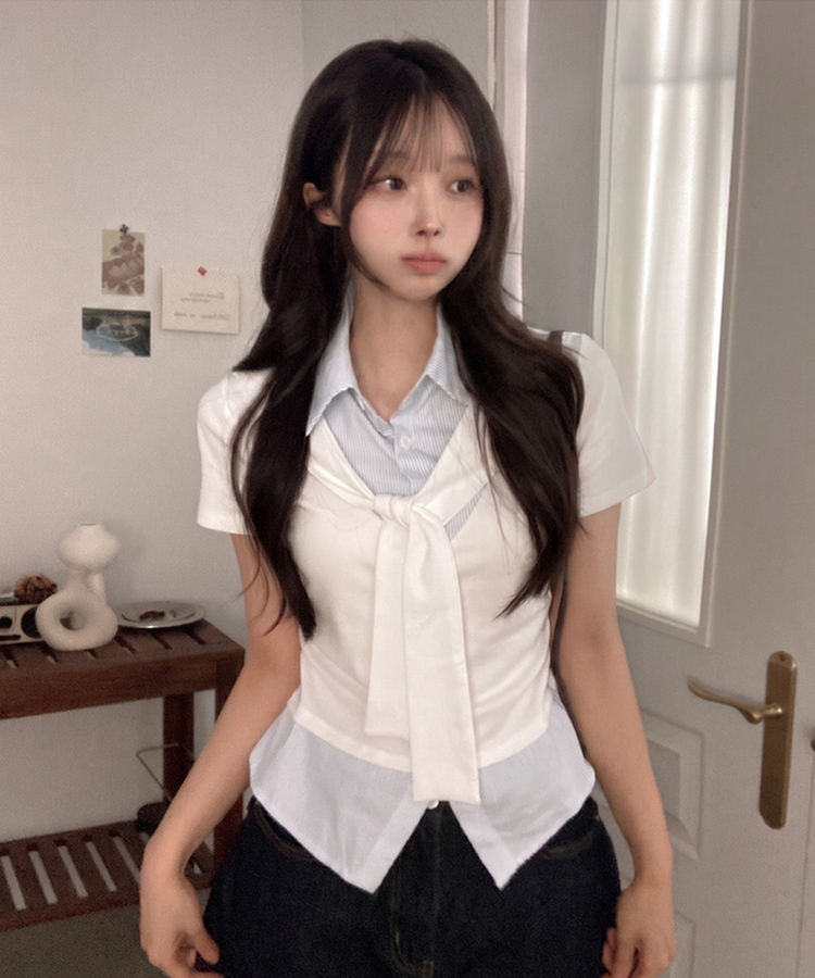 [일체형SET!] 세라 타이 일체형 스트라이프 셔츠 레이어드 세트 옆셔링 반팔 티셔츠 화이트