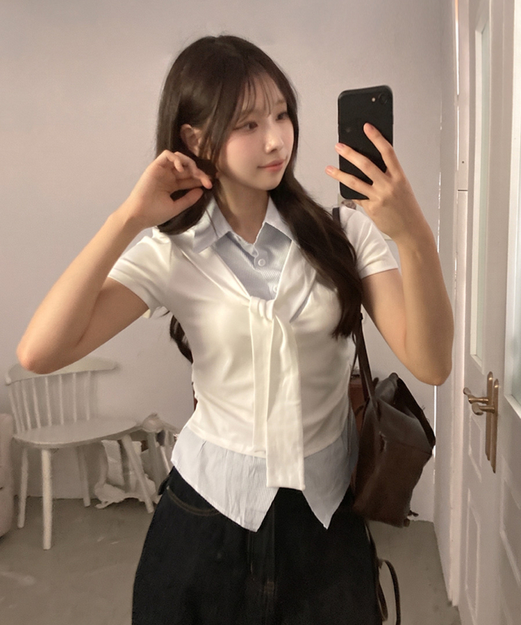 [일체형SET!] 세라 타이 일체형 스트라이프 셔츠 레이어드 세트 옆셔링 반팔 티셔츠 화이트