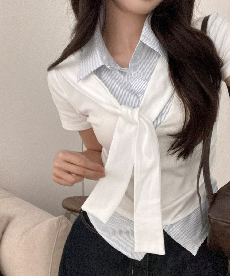 [일체형SET!] 세라 타이 일체형 스트라이프 셔츠 레이어드 세트 옆셔링 반팔 티셔츠 화이트