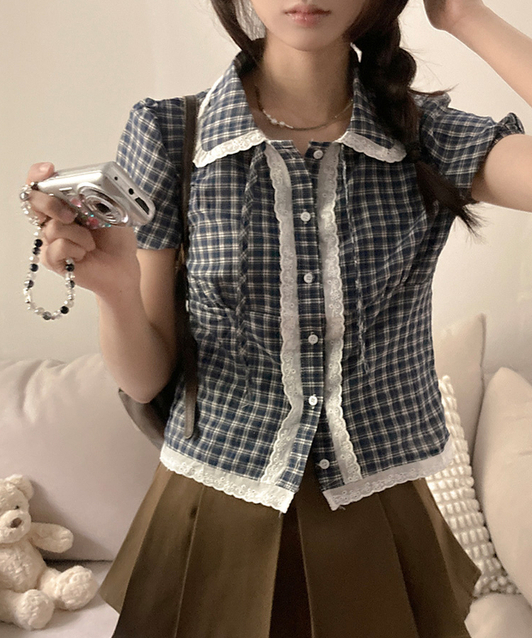 [핀터감성] 스윗 체크 카라 레이스 퍼프 반팔 블라우스 네이비