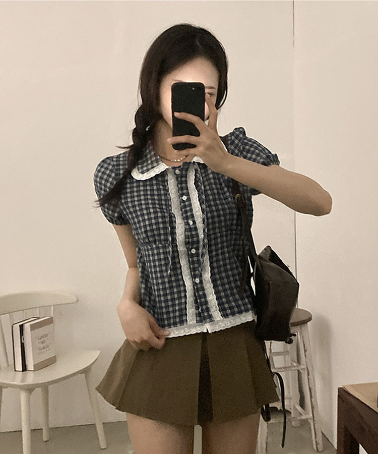 [핀터감성] 스윗 체크 카라 레이스 퍼프 반팔 블라우스 네이비