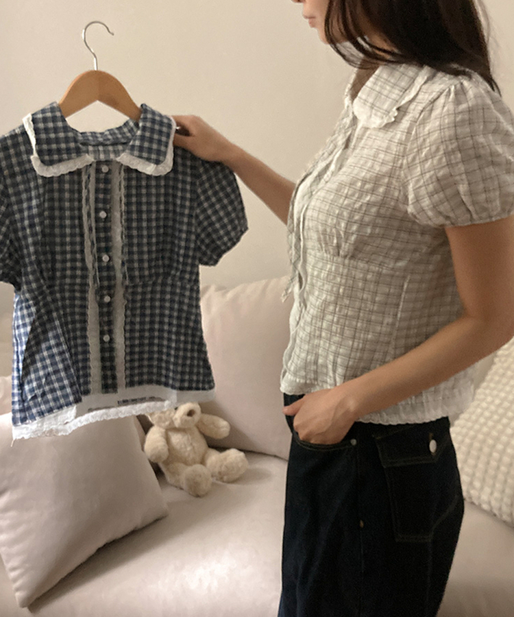 [핀터감성] 스윗 체크 카라 레이스 퍼프 반팔 블라우스 화이트