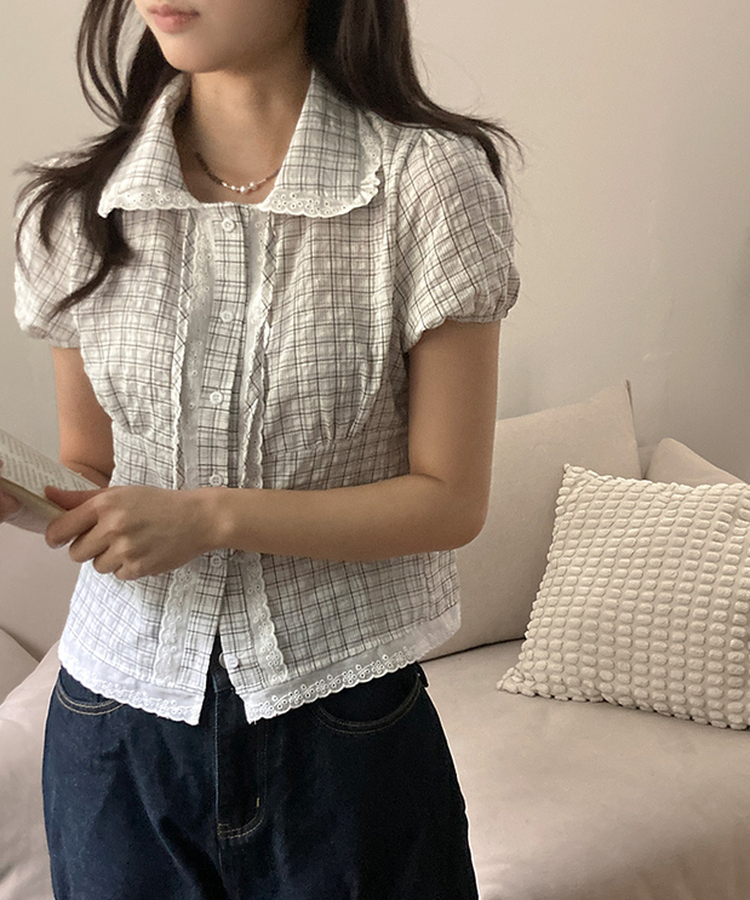 [핀터감성] 스윗 체크 카라 레이스 퍼프 반팔 블라우스 화이트