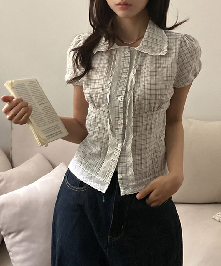 [핀터감성] 스윗 체크 카라 레이스 퍼프 반팔 블라우스 화이트