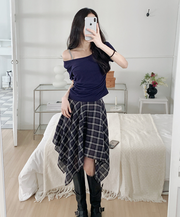 アンバランスチェックミディスカート BLACK