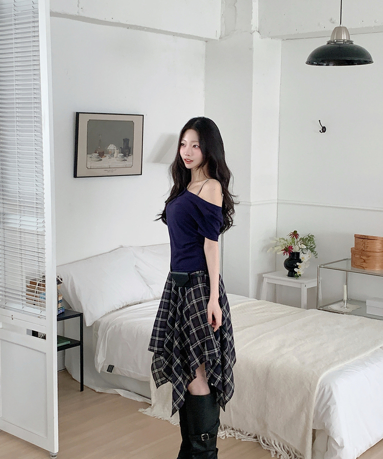 アンバランスチェックミディスカート BLACK