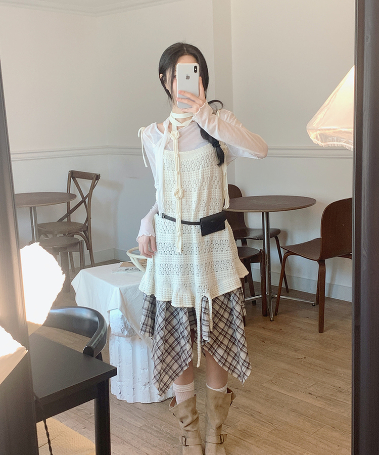 アンバランスチェックミディスカート BEIGE