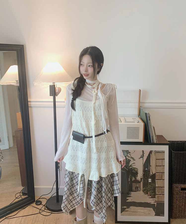 アンバランスチェックミディスカート BEIGE