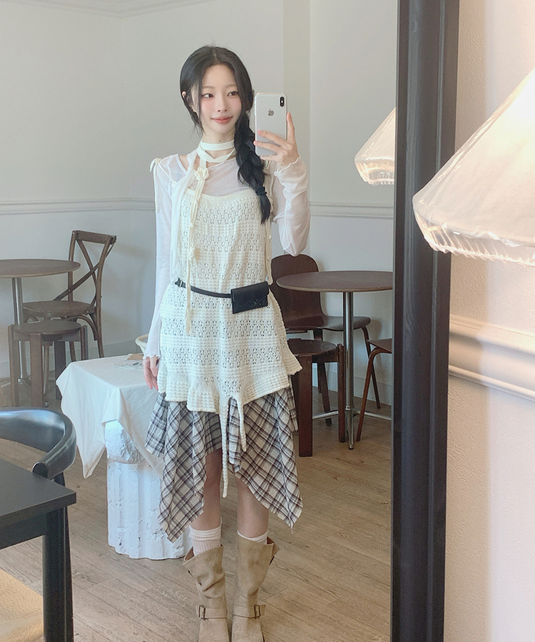 アンバランスチェックミディスカート BEIGE