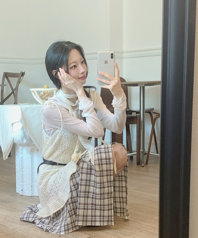 アンバランスチェックミディスカート BEIGE