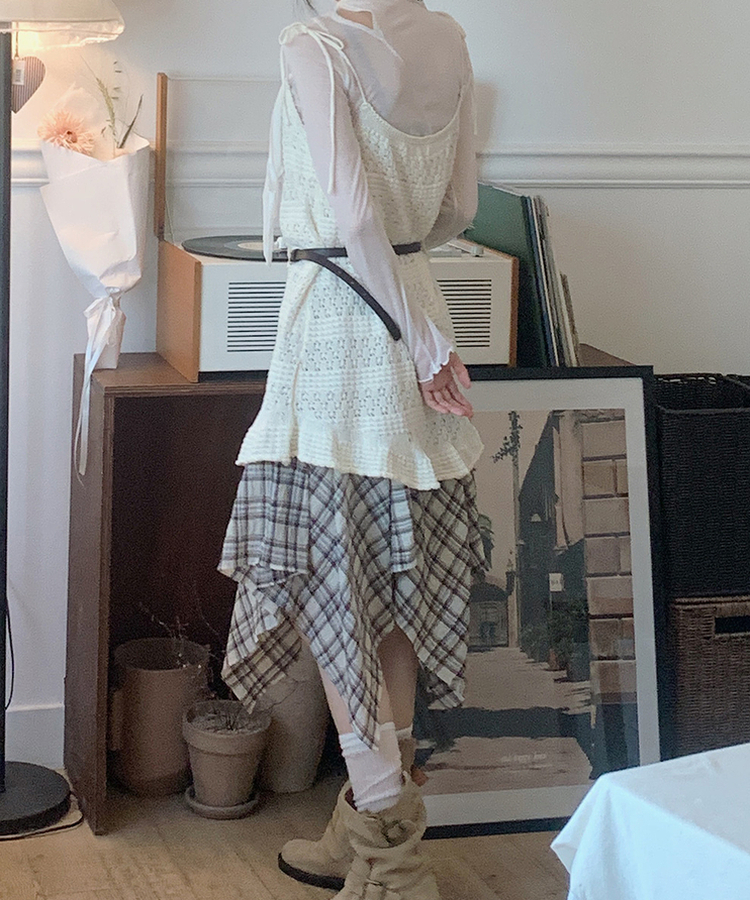 アンバランスチェックミディスカート BEIGE