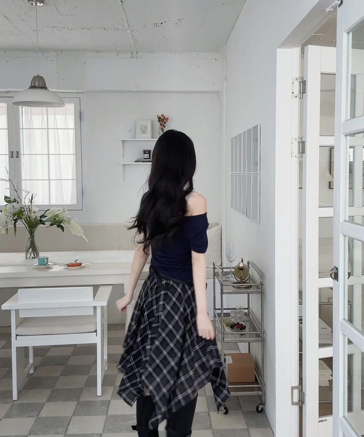 オフショルダードレープ半袖Tシャツ(6color) NAVY