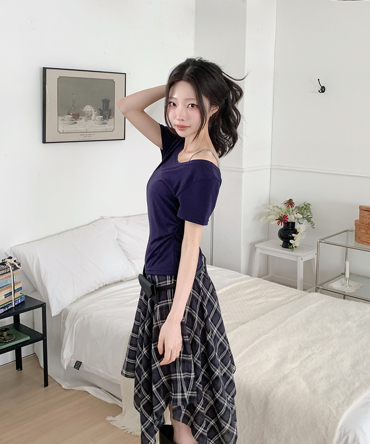 オフショルダードレープ半袖Tシャツ(6color) NAVY