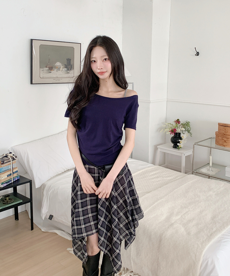 オフショルダードレープ半袖Tシャツ(6color) NAVY