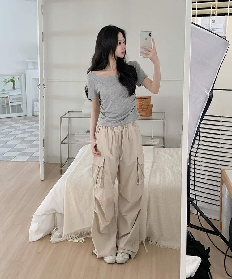 オフショルダードレープ半袖Tシャツ(6color) MELANGE