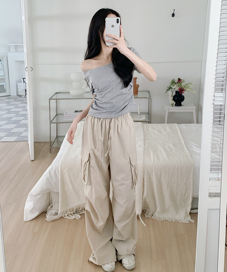 オフショルダードレープ半袖Tシャツ(6color) MELANGE