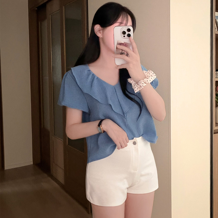 ビックフリルVネックパフ半袖ブラウス SKY BLUE