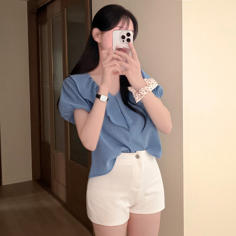 ビックフリルVネックパフ半袖ブラウス SKY BLUE