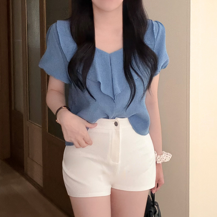 ビックフリルVネックパフ半袖ブラウス SKY BLUE