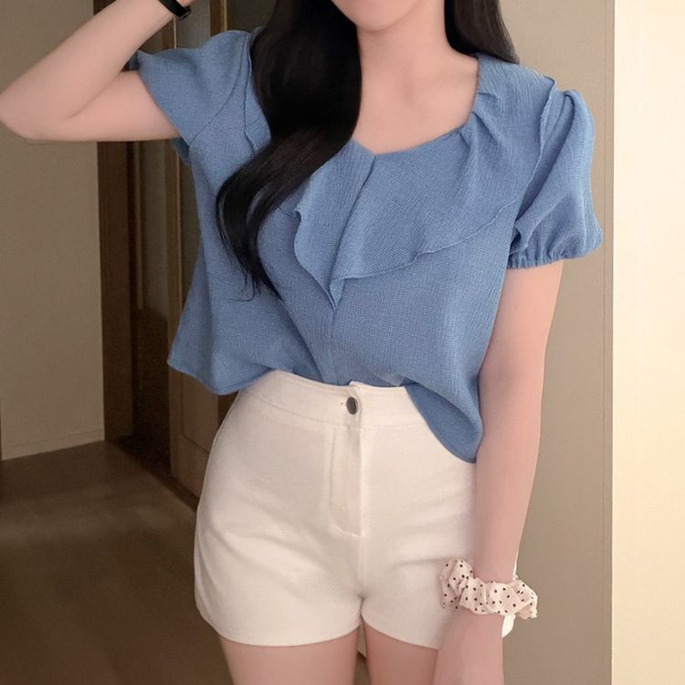 ビックフリルVネックパフ半袖ブラウス SKY BLUE