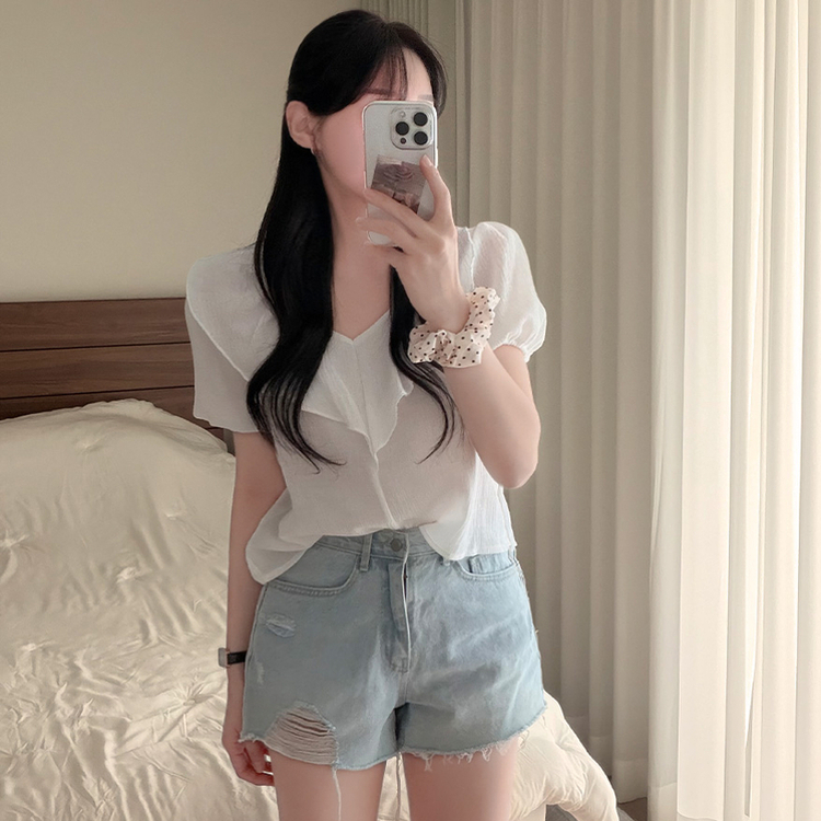 ビックフリルVネックパフ半袖ブラウス IVORY