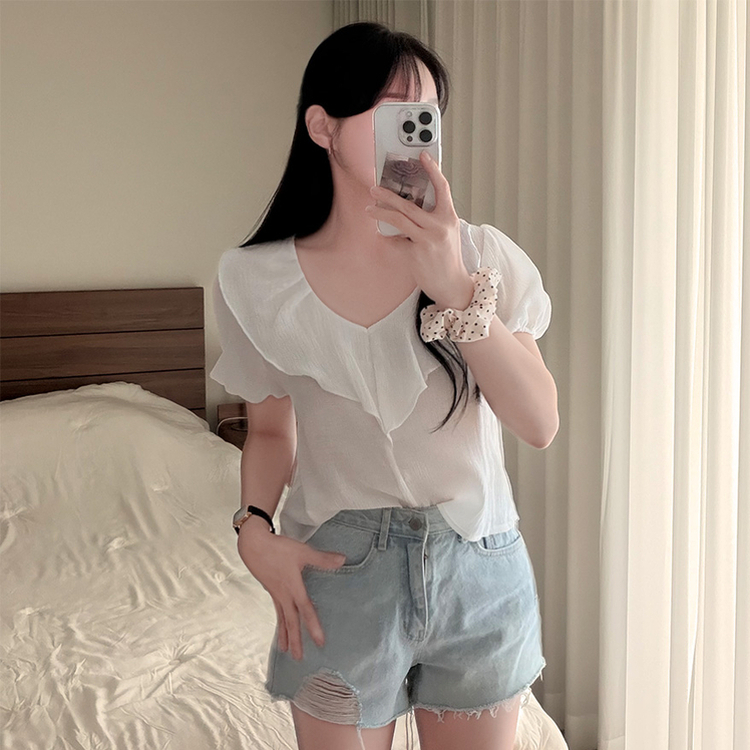 ビックフリルVネックパフ半袖ブラウス IVORY