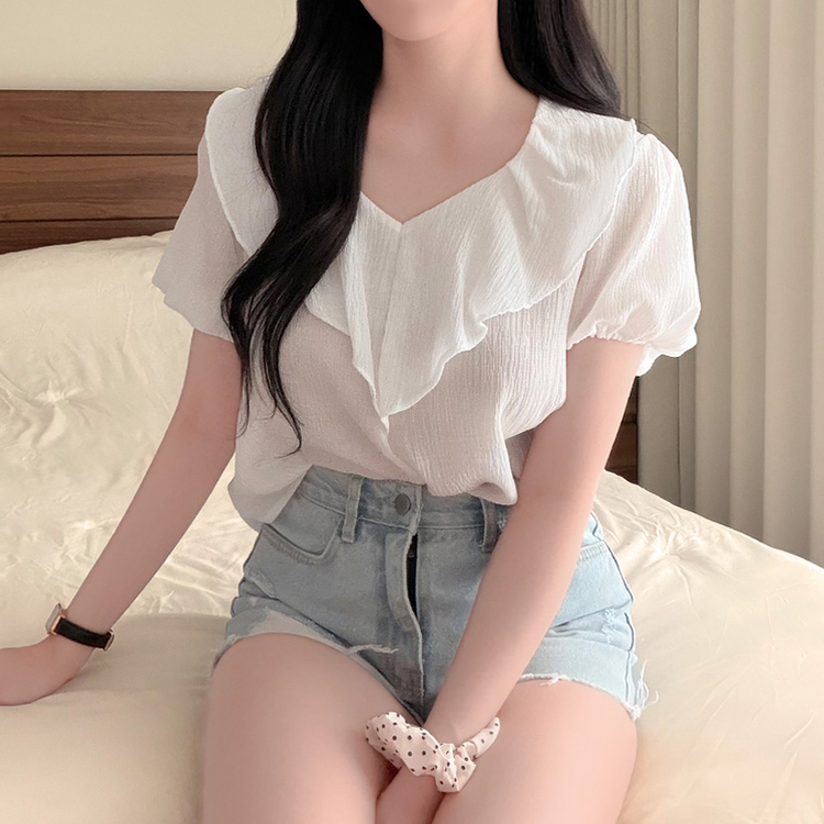 ビックフリルVネックパフ半袖ブラウス IVORY