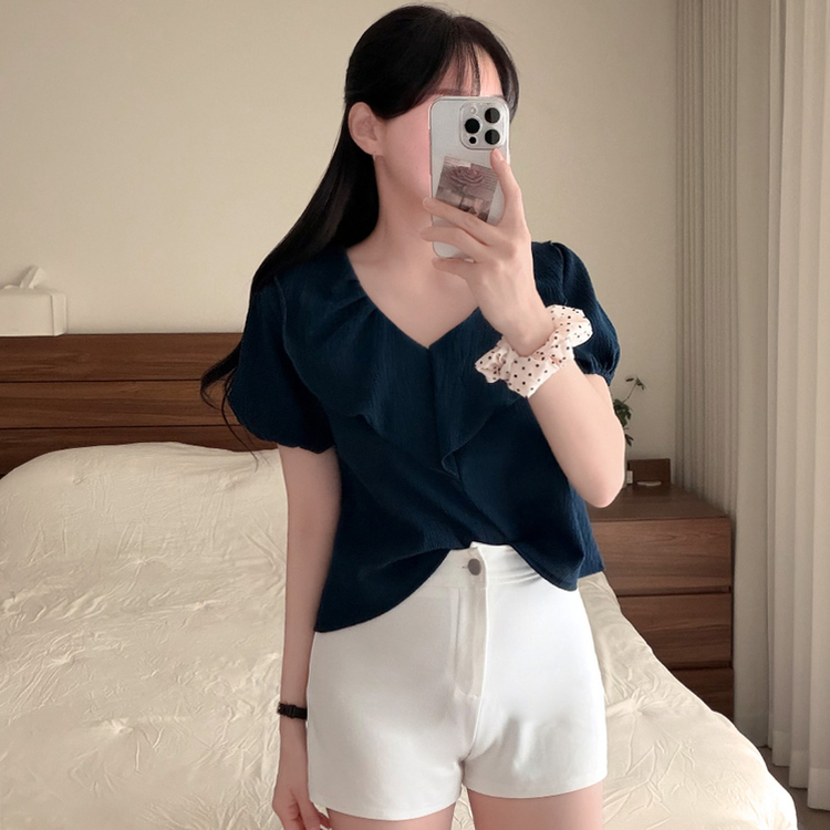ビックフリルVネックパフ半袖ブラウス NAVY