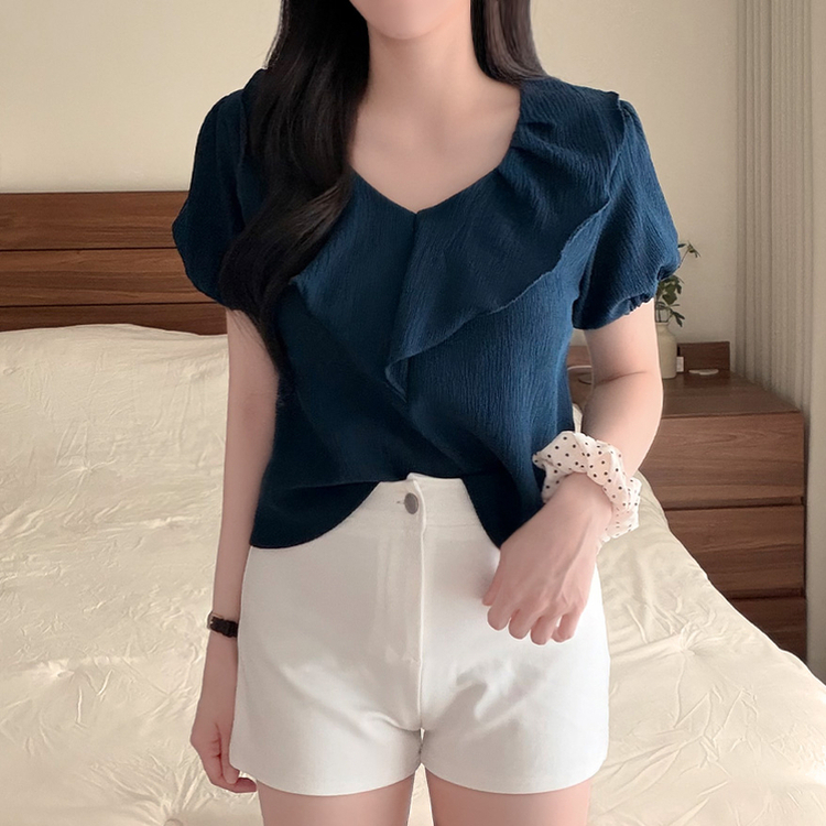 ビックフリルVネックパフ半袖ブラウス NAVY