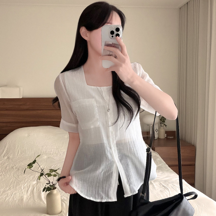 スクエアネック半袖シアーシャツブラウス WHITE