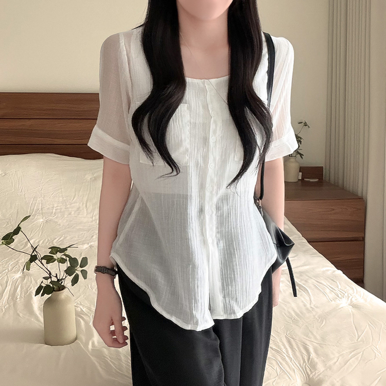 スクエアネック半袖シアーシャツブラウス WHITE