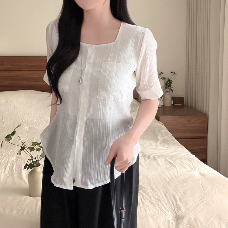 スクエアネック半袖シアーシャツブラウス WHITE