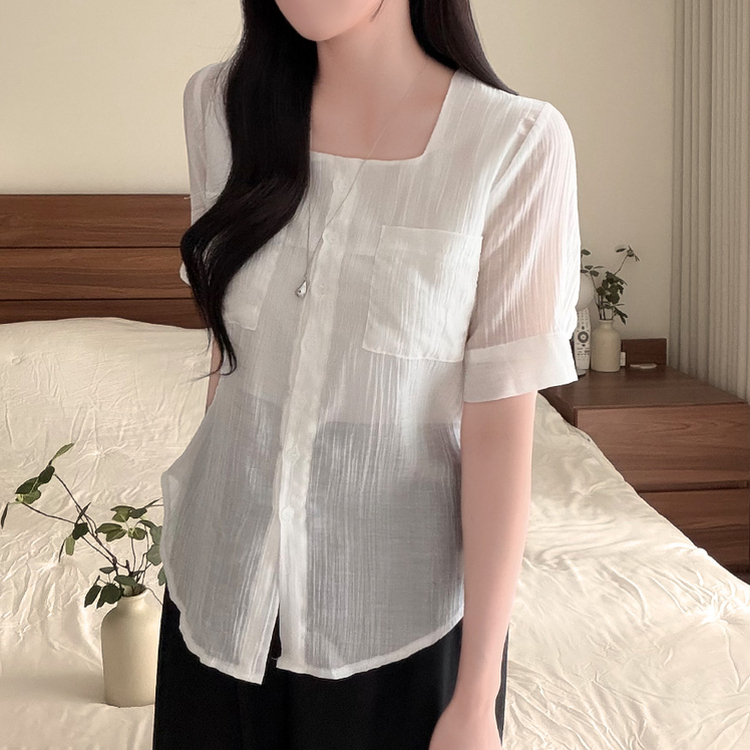 スクエアネック半袖シアーシャツブラウス WHITE